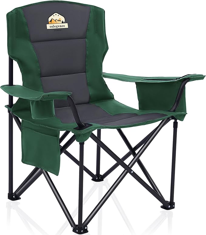 Oversized Folding Camping Chairs - 450 LBS Support Heavy Duty Camp Chair with Padded Cushion, Portable Outside Chairs with Carry Bag,Cooler, Cup Holder for Outdoor, Lawn, Sports - Green
