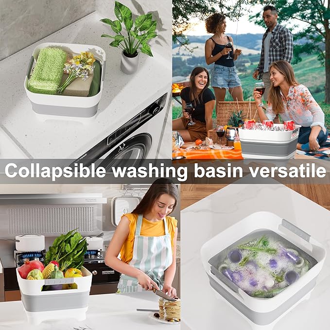 2.4 Gal Collapsbile Wash Basin with Drian Plug,9L Dish Pan for Soaking Baby Bottles,Portable Sink, Multiuse Foldable Bucket,Ice Beverage Tubs for Camping, Vegetable Washing, RV (Gray)