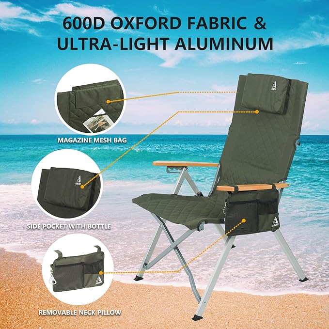 Reclining Camping Chair, Heavy Duty Folding Chairs with 4-Stage Adjustable High Back for Adults, Compact Foldable Outdoor Patio Reclining Chair with Storage Bag (Green)