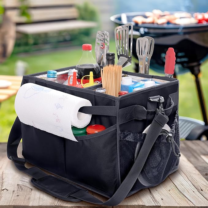 Large Grill Caddy with Paper Towel Holder β Collapsible BBQ Organizer for Camping, Tailgating, RV, Boating β Grilling Gifts for Men β Griddle Tote Bag with Shoulder Strap β Outdoor Essentials