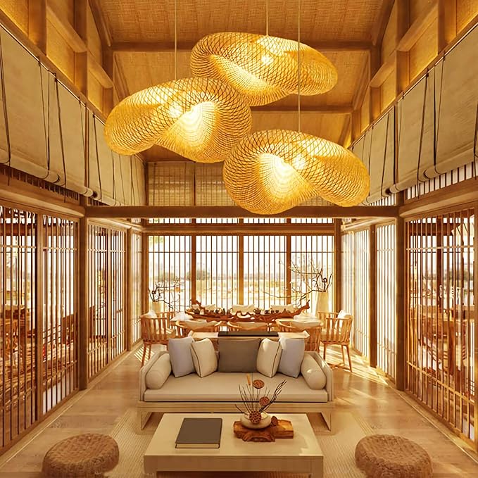 Woven Bamboo Pendant Lighting Fixtures, Bird Nest Lamp Shade Ceiling Hanging Light with Adjustable Cord for Living Room Dining Room Bar Café, Farmhouse Vintage Rustic Décor 22'', No Bulb