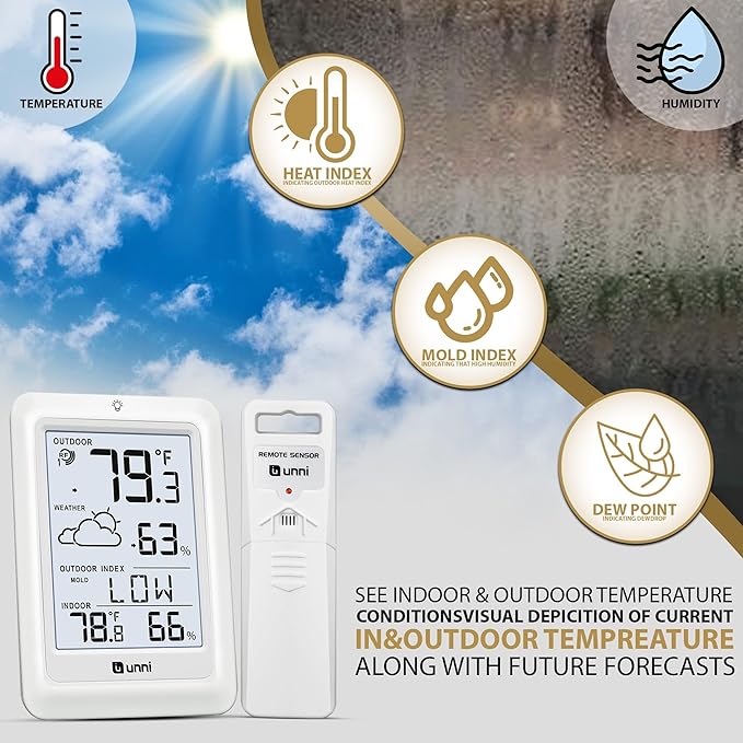 Indoor Outdoor Thermometer Wireless Weather Station, Temperature Humidity Monitor Battery Powered Inside Outside Thermometers with 330ft Range Remote Sensor and Backlight Display(WH01)