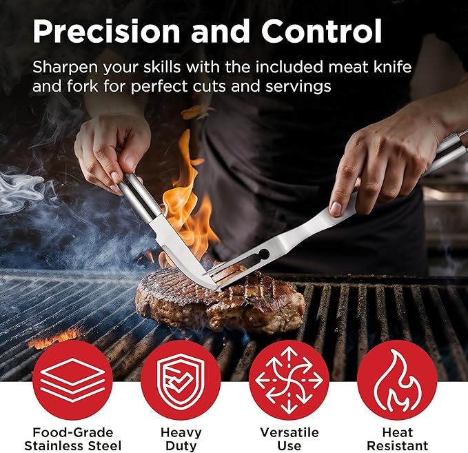 Kaluns Grilling Accessories, Dad Gifts for Christmas Grilling Gifts, Heavy Duty Stainless Steel Grill Set BBQ Grill Accessories for Outdoor Grill with Meat Thermometer, Case and Apron