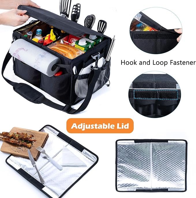 Large Grill Caddy with Lid β BBQ Organizer for Camping, Tailgating, RV, Boating β Grilling Gifts for Men β Collapsible Griddle Tote Bag with Shoulder Strap β Outdoor Essentials