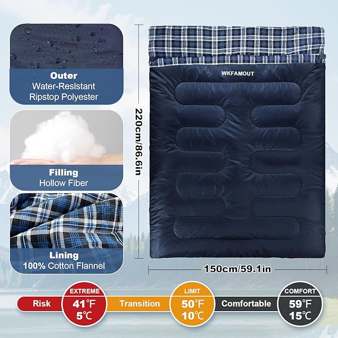 Double Sleeping Bag for Adults Machine Washable 2 Person Camping Sleeping Bag Queen Size Waterproof with Compression Sack for Cold Weather 3-4 Seasons