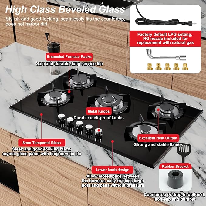 30 Inch Gas Cooktop with 5 Burners,Built-in Tempered Glass Stove Top, LPG/NG Convertible,35,900 BTU, Flame-Out Protection, Electric Ignition,Propane & Natural Gas Hob for Kitchen & RV