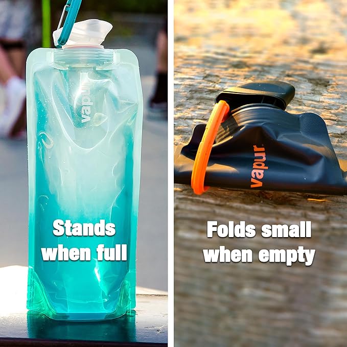 Vapur Collapsible Water Bottle With Carabiner, Compact Bottle Folds Flat For Hydration On The Go, Ideal for Traveling, Hiking or Camping, 34 Ounce, Blackout, Pack of 2