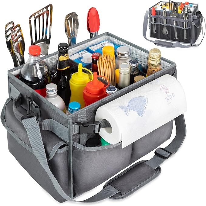 Large Grill Caddy with Paper Towel Holder β Collapsible BBQ Organizer for Camping, Tailgating, RV, Boating β Grilling Gifts for Men β Griddle Tote Bag with Shoulder Strap β Outdoor Essentials