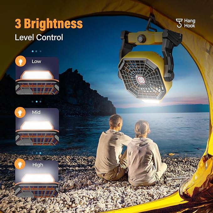 10400mAh Solar fan with LED Lantern, Camping Fan with Solar Panel, 7W Rechargeable Solar Powered Fan for Outside, Quiet Battery Operated Tent for Picnic, Barbecue, Fishing, Travel