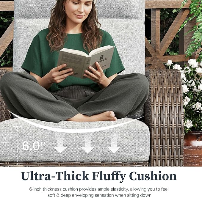 Outdoor Wicker Recliner Chair Set of 2 High Back Patio 360°Swivel Reclining Lounge Chair with 6-Inch Thick Cushion