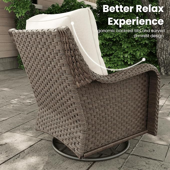 7 Pieces Outdoor Patio Furniture Sets with Single Chairs with 6-inch Thick Cushion and Fire Pit Table for Deck Lawn