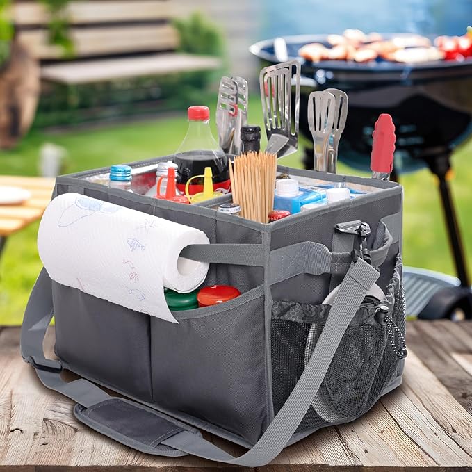 Large Grill Caddy with Paper Towel Holder β Collapsible BBQ Organizer for Camping, Tailgating, RV, Boating β Grilling Gifts for Men β Griddle Tote Bag with Shoulder Strap β Outdoor Essentials