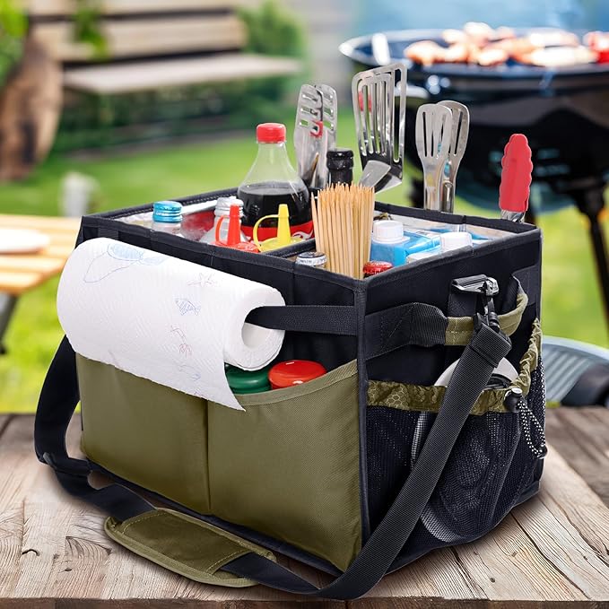 Large Grill Caddy with Paper Towel Holder β Collapsible BBQ Organizer for Camping, Tailgating, RV, Boating β Grilling Gifts for Men β Griddle Tote Bag with Shoulder Strap β Outdoor Essentials