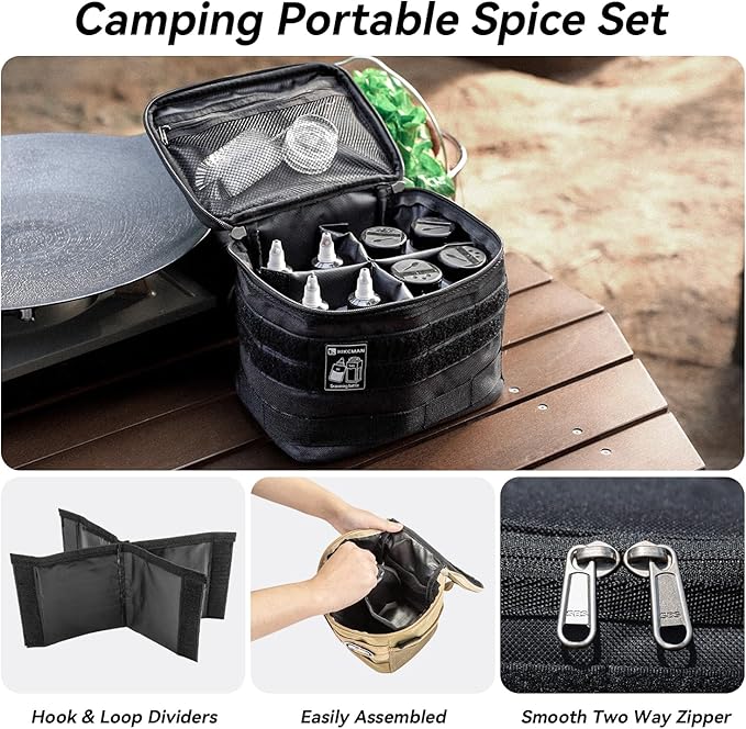 HIKEMAN Camping Portable Spice Set with 9 Spice Containers Pepper & Salt Spice Shakers, Separable Storage Bag for Outdoor Travel Camping BBQ Picnic (Army Green)
