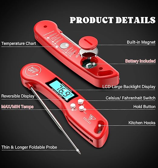 DOQAUS Digital Meat Thermometer, 2 Pack Instant Read Food Thermometer for Cooking, Kitchen Probe with Backlit & Reversible Display, Cooking Temperature for Turkey, Bread, Baking, Sourdough