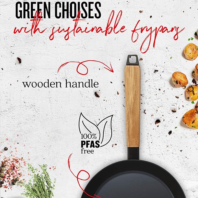 Alva Forest 8” Carbon Steel Frying Pan – Pre-Seasoned, Lightweight Chef-Grade Skillet with Stay-Cool Acacia Handle, Natural Nonstick, Induction & All-Stove Compatible – Professional Restaurant Quality