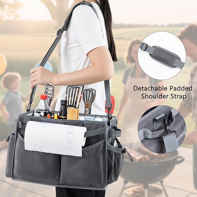 Large Grill Caddy with Paper Towel Holder β Collapsible BBQ Organizer for Camping, Tailgating, RV, Boating β Grilling Gifts for Men β Griddle Tote Bag with Shoulder Strap β Outdoor Essentials