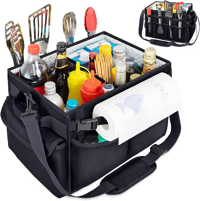Large Grill Caddy with Paper Towel Holder β Collapsible BBQ Organizer for Camping, Tailgating, RV, Boating β Grilling Gifts for Men β Griddle Tote Bag with Shoulder Strap β Outdoor Essentials