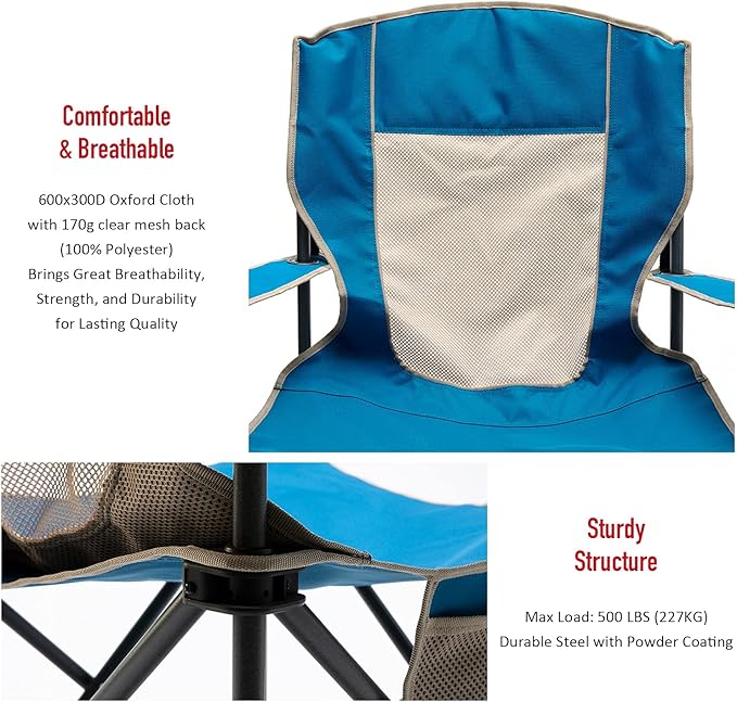 SUNNYFEEL Oversized Folding Camping Chair 500 LBS Heavy Duty Lawn Chairs for Adults Blue Portable Folding with Armrest, Cup Holder, Pocket &Bag for Outdoor Camping/Beach/Travel/Picnic/Fishing