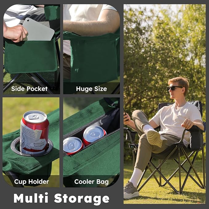Oversized Folding Camping Chairs - 450 LBS Support Heavy Duty Camp Chair with Padded Cushion, Portable Outside Chairs with Carry Bag,Cooler, Cup Holder for Outdoor, Lawn, Sports - Green