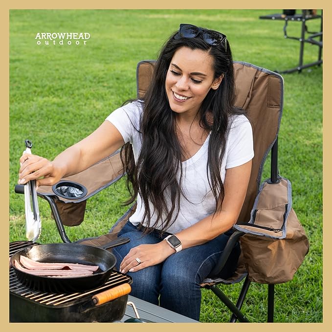 ARROWHEAD OUTDOOR Portable Folding Camping Quad Chair w/ 6-Can Cooler, Cup & Wine Glass Holders, Heavy-Duty Carrying Bag, Padded Armrests, Headrest & Seat, Supports up to 550lbs, USA-Based Support
