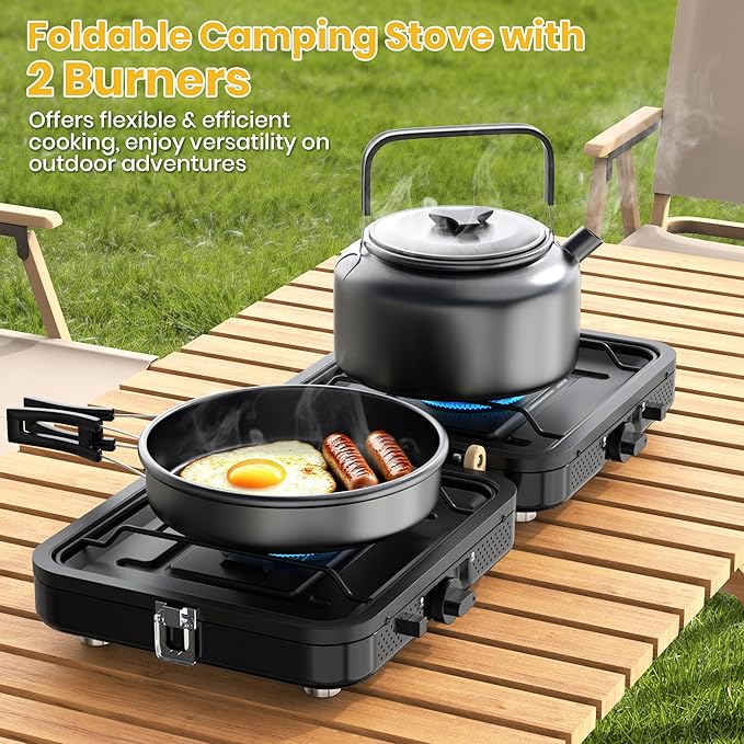 2 Burner Camping Stove, Folding Propane Camp Stove with Portable Carrying Bag, Adjustable High Heat Burners & Piezo Push-Button Instant Ignition, Outdoor Tailgating, Backyard BBQ Camping Essentials