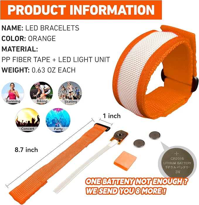 8 PCS LED Glow Bracelets, Light Up Wristbands - Halloween Glow in The Dark Party Bracelets Favors Supplies for Christmas, Concerts, Festivals, Game Prizes, Sports, Rave Accessories(Orange)