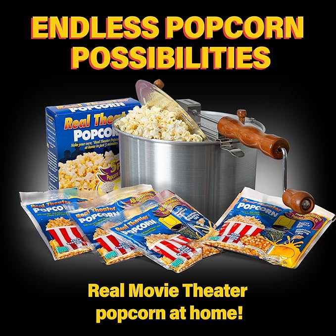 Original Whirley Pop Popcorn Popper with Kernels – 6-Quart Silver Popcorn Maker, Fast & Easy-to-Use Snack Machine for Movie Nights, Durable Aluminum Stovetop Popper with Metal Gears