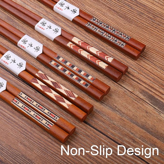 GLAMFIELDS Reusable Chopsticks Japanese Natural Wooden 5 Pairs Classic Style Lightweight Safe Chop Sticks 8.8 Inch/22.5cm Gift Set