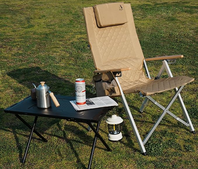 Reclining Camping Chair 2 Pack, Folding Lawn Chairs with 4-Stage Adjustable High Back for Adults Heavy Duty, Compact Foldable Outdoor Patio Recliner Chair with Side Bag (Khaki)