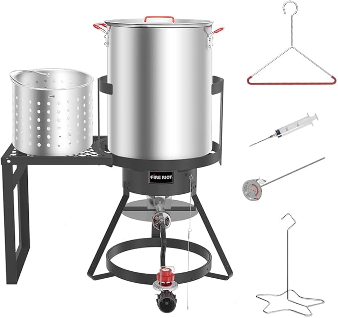 30Qt Turkey Fryer with Basket, Outdoor Propane Deep Fryers Burner Stand, 50,000BTU Cast Iron Burner, Steamer and Seafood Boiler Set, Black
