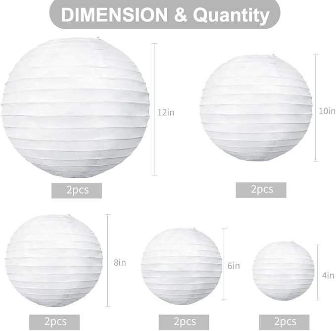 BEISHIDA 10Pcs White Paper Lanterns Decorative Chinese/Japanese Hanging Round Paper Lanterns Lamp for Birthday, Wedding, Christmas, Bridal, Home Decor, Party Decoration(Size of 4?? 6?? 8?? 10??