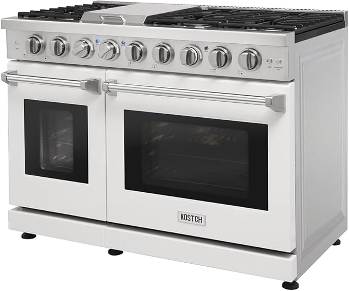 48-inch Pro-Style Natural Gas Range or Liquid Propane Gas Range with 6 Burners & 1 Griddle Cooktop, Double 4.6 cu. ft. and 2.2 cu. ft. Oven, in Stainless Steel - KOS-48RG03M (White-01)