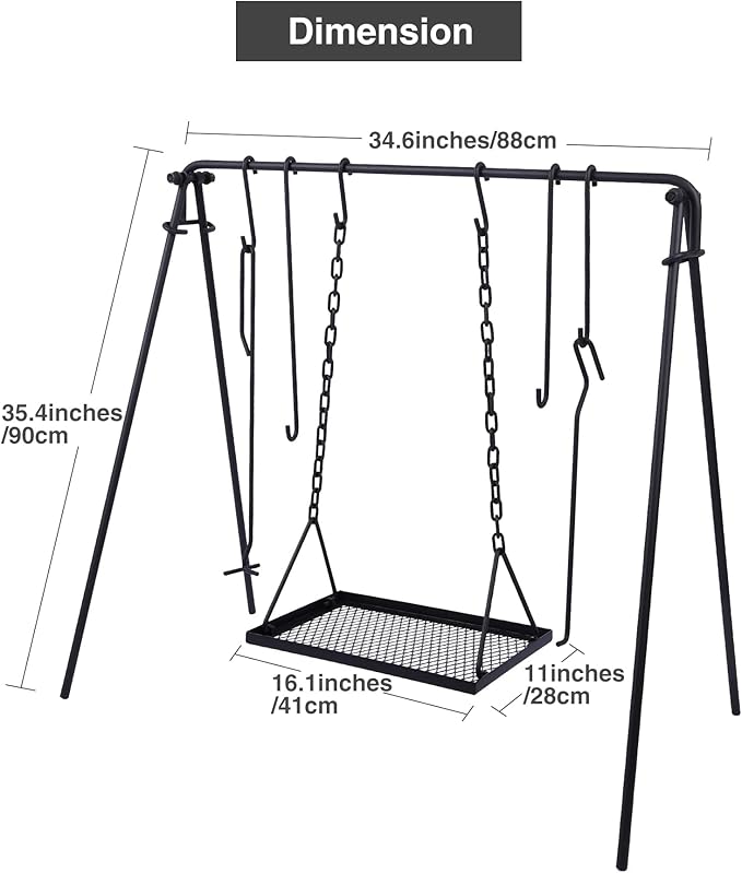 Lineslife Grill Swing Campfire Cooking Stand with Height Adjustable Iron Grill Grate, Collapsible Cooking Rack with Hooks and Accessories for BBQ Picnic, Outdoor Camping Cookware, Dutch Oven