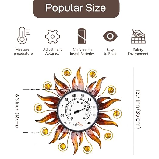 Indoor Outdoor Thermometer, Sun Wall Mounted Thermometer Decorative for Patio, Living Room, Garden Greenhouse, Wine Cellar, No Batteries Required