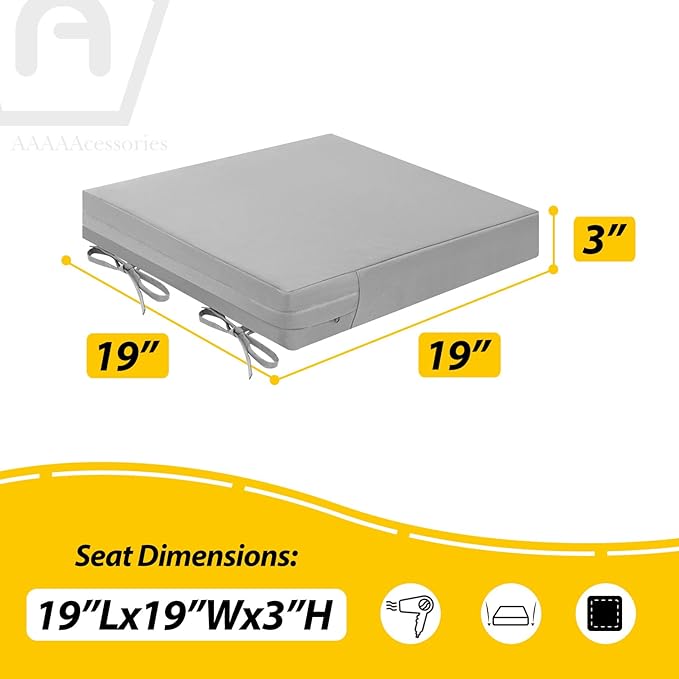 AAAAAcessories Outdoor Seat Cushions for Chairs, Waterproof, Fade-Resistant Patio Furniture Replacement Cushions, 19" x 19" x 3", Set of 2, Gray
