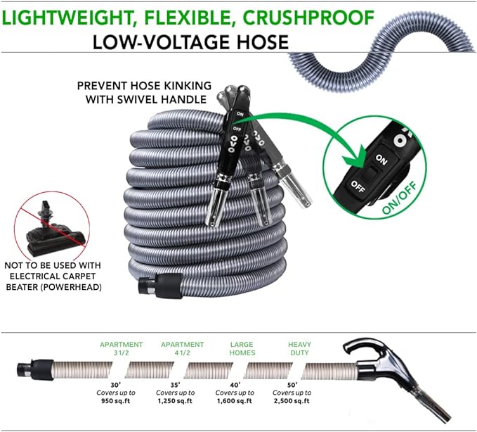 Ovo Central Vacuum Standard Accessories Kit, With 30ft Low-Voltage hose, ON/OFF Switch Control at the handle, 12’’ Combo brush and accessories, For hard surfaces and carpets