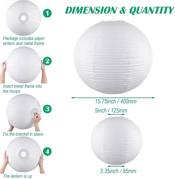 White Round Paper Lanterns, 15.75" Large Hanging Paper Lamp Shade, Chinese/Japanese Paper Lantern Pendant Light for Party Decoration, Home Decor Paper Ceiling Lampshade(2 Pack)