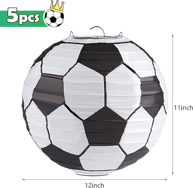 Kesoto 12 Inch Soccer Paper Lanterns - Pack of 5, Black, LED, Not Water Resistant, Soccer-Themed Paper Lantern, Lantern