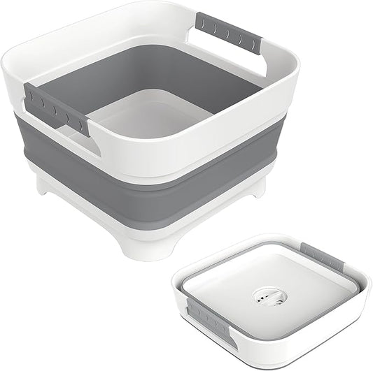 2.4 Gal Collapsbile Wash Basin with Drian Plug,9L Dish Pan for Soaking Baby Bottles,Portable Sink, Multiuse Foldable Bucket,Ice Beverage Tubs for Camping, Vegetable Washing, RV (Gray)
