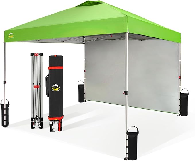 CROWN SHADES 10x10 Pop Up Canopy with 1 Side Wall - Beach Tent with One Push Setup - Outdoor Sun Shade for Events, Parties, Camping - Gazebo with STO-N-Go Cover Bag (Green)