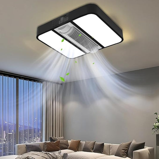 18" Bladeless Ceiling Fan with Light and Remote, LED Low Profile Flush Mount Ceiling Fan with 6 Speed Dimmable, 3000-6000K, Enclosed Modern Ceiling Fans for Bedroom Living Room (Square)