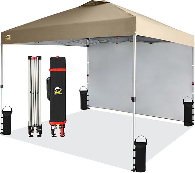 CROWN SHADES 10x10 Pop Up Canopy with 1 Side Wall - Beach Tent with One Push Setup - Outdoor Sun Shade for Events, Parties, Camping - Gazebo with STO-N-Go Cover Bag (Beige)