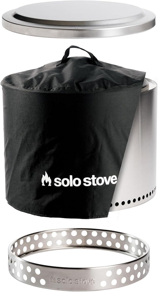 Solo Stove Bonfire Amazon Exclusive | Smokeless Fire Pit Bundle with Stand, Lid, Shelter & Ash Pan | Ideal for 4–6 People | Stainless Steel Wood Burning Camping Pit – 22in Wide, 34lbs