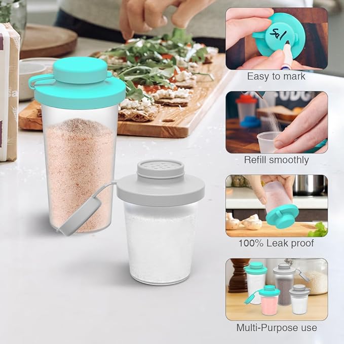 Sophico Small Salt and Pepper Shakers Set with Moisture Proof Sinlicone Lids, 4.5oz Mini Spice Shaker to go for Camping Travel Picnic Lunch Boxes (Mint & Grey, Medium & Large)
