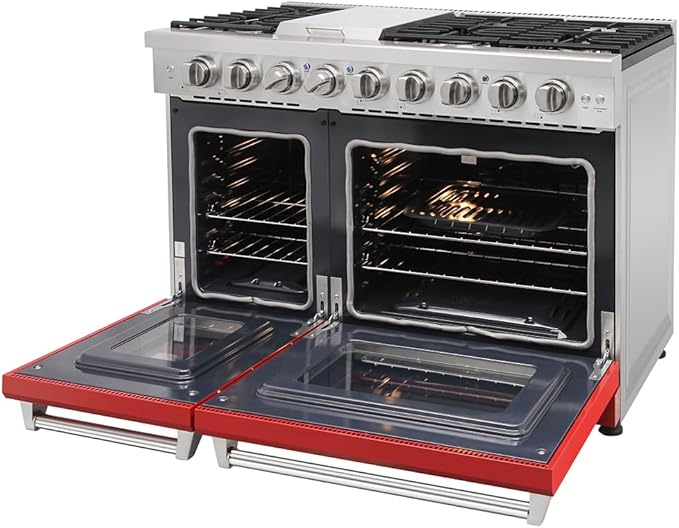 48 inch Pro-Style Natural Gas Range or Liquid Propane Gas Range with 6 Burners & 1 Griddle Cooktop, Double 4.6 cu. ft. and 2.2 cu. ft. Oven, in Stainless Steel - KOS-48RG03M (Red)