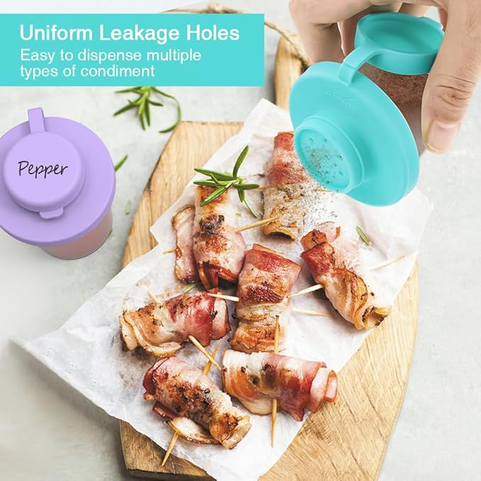 Sophico Small Salt and Pepper Shakers Set with Moisture Proof Sinlicone Lids, 4.5oz Mini Spice Shaker to go for Camping Travel Picnic Lunch Boxes (purple & blue, Small & Medium)