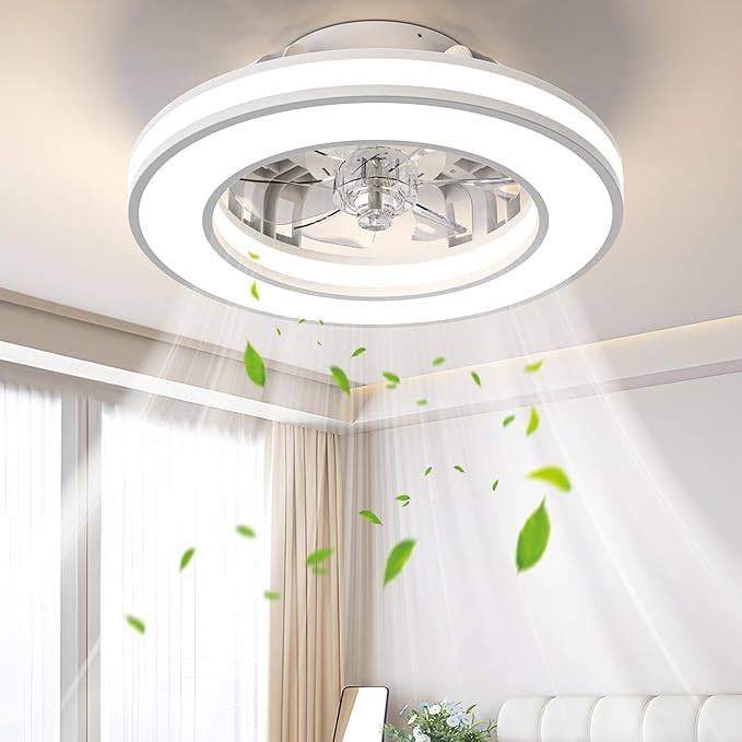 16'' Ceiling Fans with Lights, Modern Low Profile Ceiling Fan Light with Remote, 3000-6500K Dimmable LED Fan Light, 6 Speeds Small Flush Mount Ceiling Fan for Bedroom, Kids Room(White)