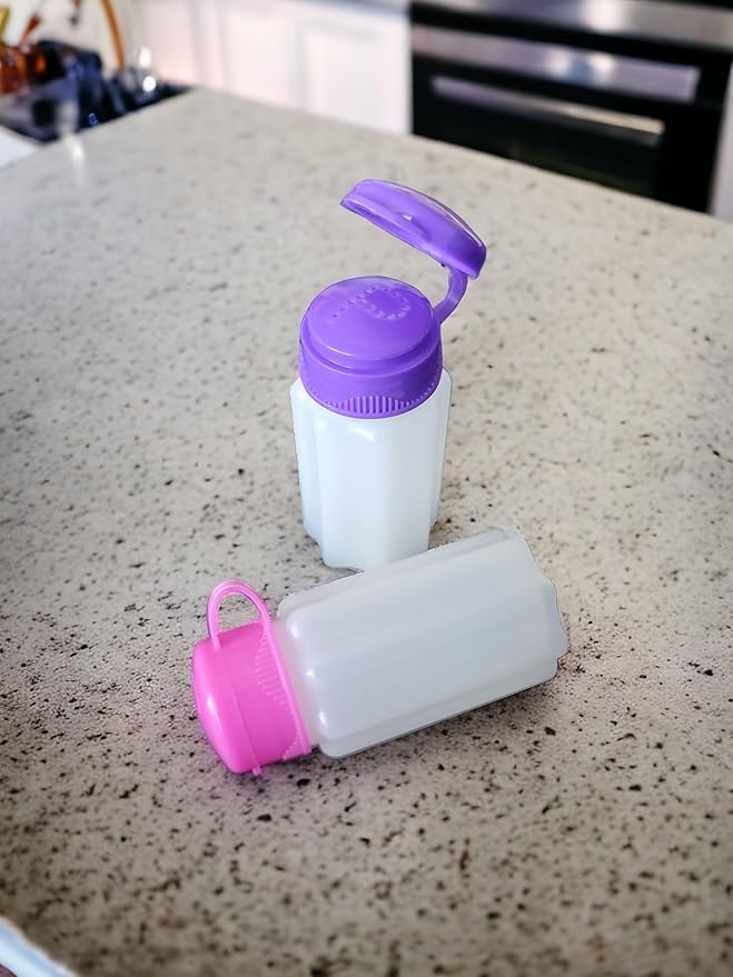 Spill-Proof Flip-Lid Mini Salt & Pepper Shakers | Compact Durable Plastic Travel Spice Dispenser Set for Lunch Bags, Camping & Outdoor Cooking | Pink and Purple (1 Pair)