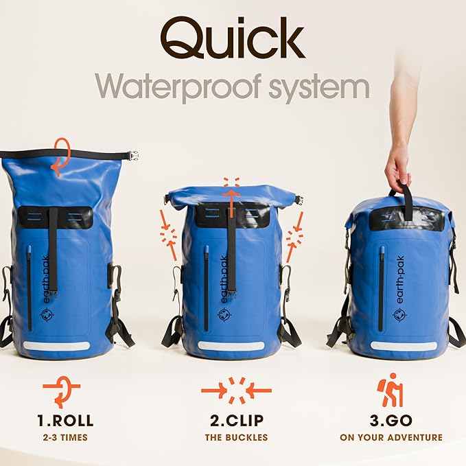 Earth Pak Waterproof Backpack - Heavy Duty Hiking Backpack - Roll-Top Closure Bag - Cushioned Dry Bag Waterproof Phone Case